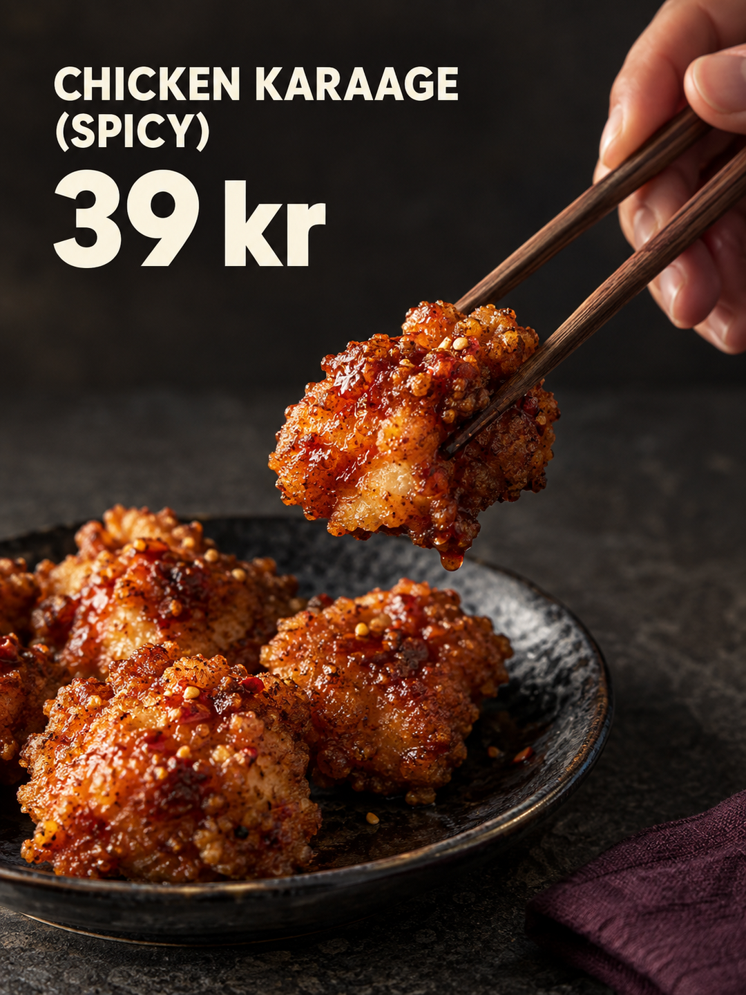 Exempel på inlägg för sociala medier med chicken karaage (spicy) för 39 kr
