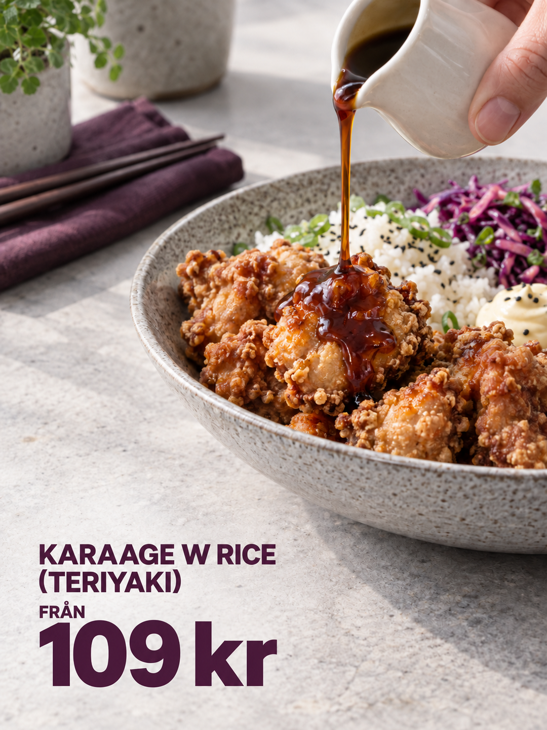 Exempel på erbjudandebild med karaage med ris (teriyaki) från 109 kr