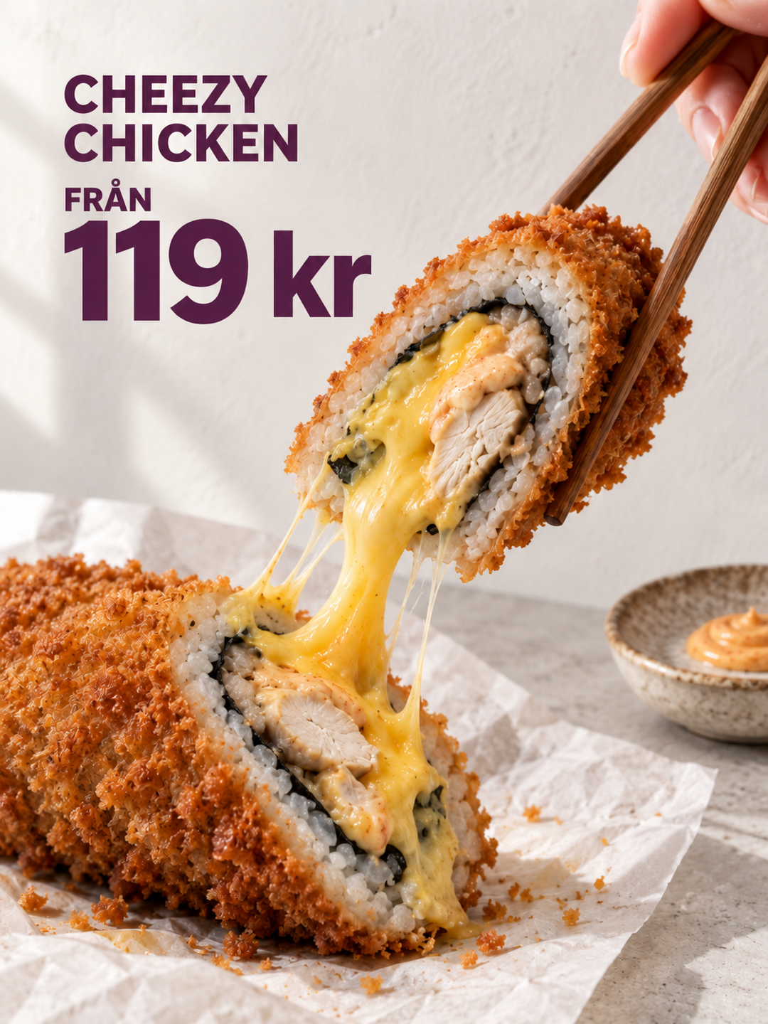 Exempel på menygrafik med cheezy chicken från 119 kr