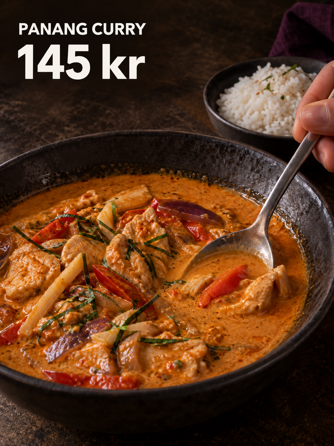 Exempel på kampanjbild med panang curry för 145 kr